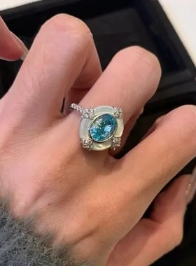戒指海蓝宝贝母女椭圆vintage复古中古开口轻奢宫廷彩宝钻戒法式