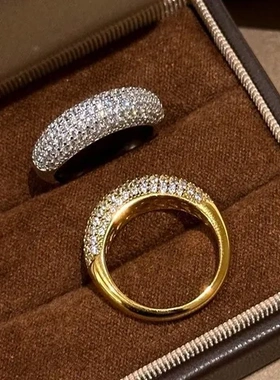 金色个性高级感戒指复古满天星排钻半圈指环简约满钻镶嵌轻奢古法