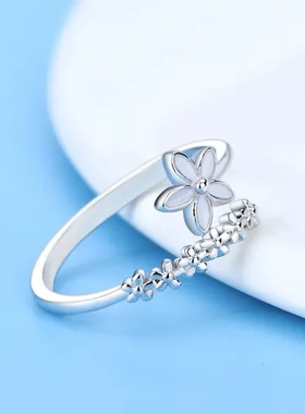 戒指小清新女银饰品食指戒时尚韩版白色小花森系滴釉花朵开口