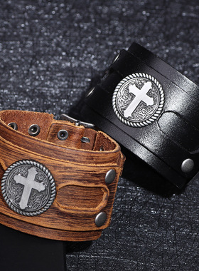 欧美流行复古朋克皮革手链十字架宽皮手链男士皮革手环饰品送男友