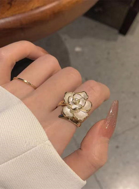 法式复古山茶花开口戒指女小众设计感温柔气质玫瑰花食指戒可调节