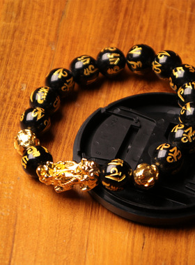 沙金貔貅手链六字箴言大气镀金黑曜石男士佛珠手串一件代