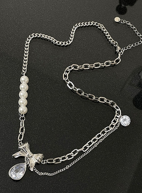 甜酷辣妹个性蝴蝶结拼接珍珠项链女小众轻奢设计感ins嘻哈毛衣链