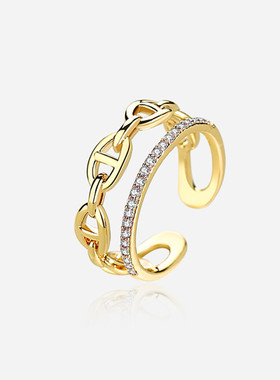 猪鼻子轻奢镂空环扣戒指女ins双层开口食指戒小众设计高级感定制