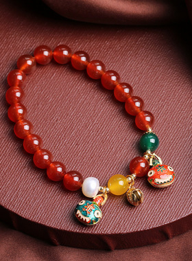 古法烧蓝吞金兽水晶手链女饰天然红玛瑙串珠手串学生闺蜜手环礼物