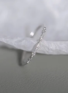 素圈戒指尾戒小众镀银女925开口戒闪钻轻奢高级感食指戒