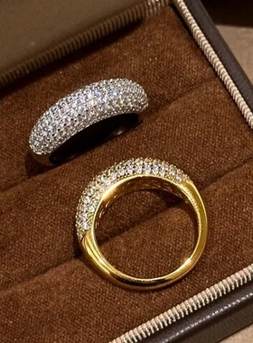 戒指个性金色简约满天星古法镶嵌排钻半圈高级感轻奢指环复古满钻