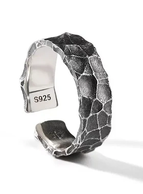 潮流个性嘻哈ins戒指石头指环纹路男复古男士单身戒开口锤纹