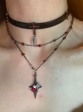 十字架锁骨链项链复古暗黑哥特风女高级感红色简约做旧y2k辣妹