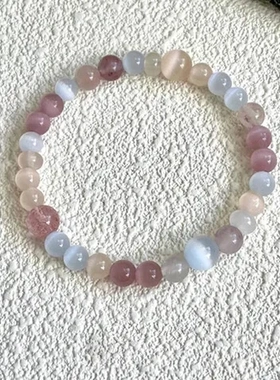 草莓新中式手链手串精致「蝶寻串珠复古猫眼石花女马卡龙」显白雾