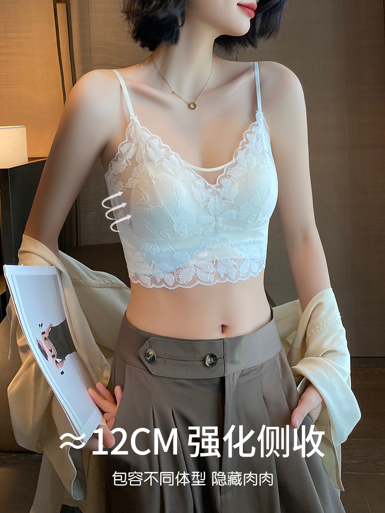 吊带背心内搭带胸垫美背内衣女一体式夏薄款大胸显小性感蕾丝文胸