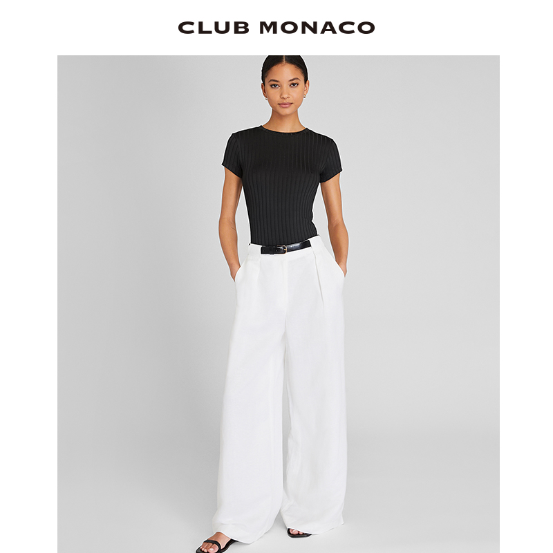 CLUB MONACO女装24春夏新品弹力显瘦坑条竖条纹针织短袖T恤 - 图1