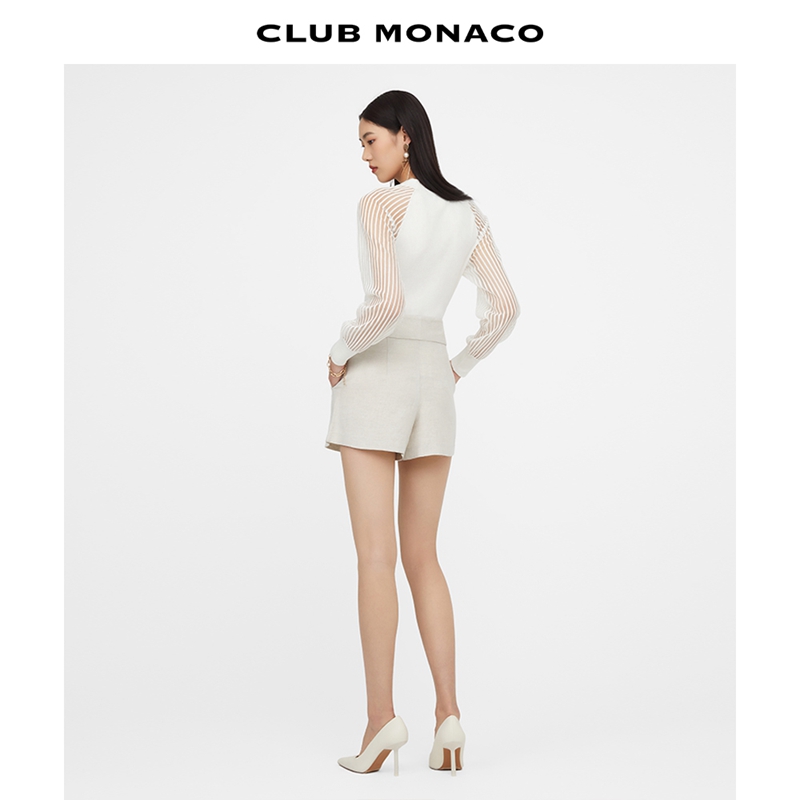 CLUB MONACO女装简约内包边透气麻类混纺高腰直筒短裤 - 图2