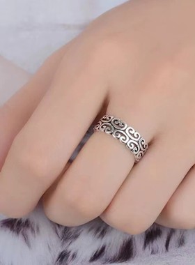 S925纯银如意纹戒指女款镂空复古风百搭时尚民族风食指环小众轻奢