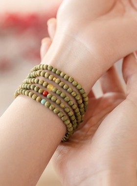 平安招财简约檀木手链细小纤细绿檀女复古风民族手串单圈佛珠念珠