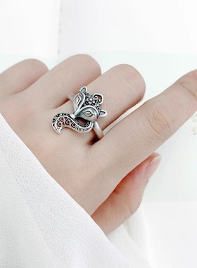 S925纯银招财灵狐戒指女款小众原创设计开口饰品食指轻奢复古国潮