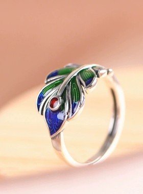 S925纯银招财转运孔雀羽戒指珐琅烧蓝复古风做旧彩色国潮女款开口