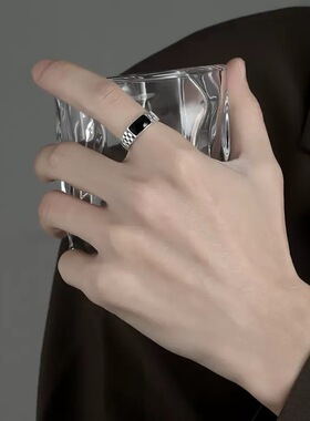 男士纯银复古做旧棋盘格戒指