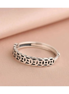 S925纯银复古戒指招财聚财钱币个性设计简约小众开口转运指环潮女