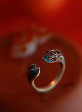 S925纯银招财转运珐琅锦鲤鱼戒指复古小众宫廷中国风女款食指开口