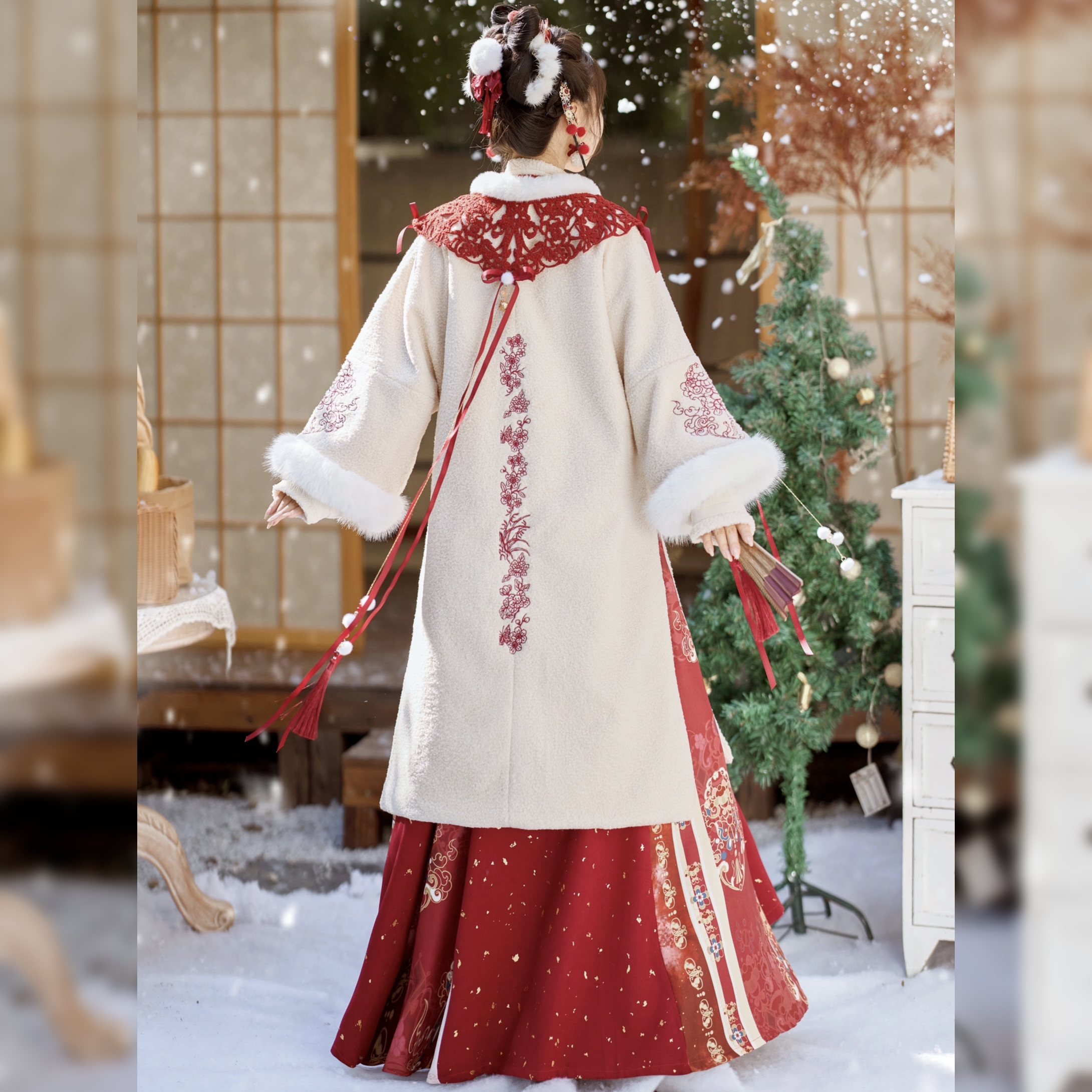 原创汉服女【烛窗花】明制对襟加绒长袄外套红色拜年服套装冬季款 - 图2