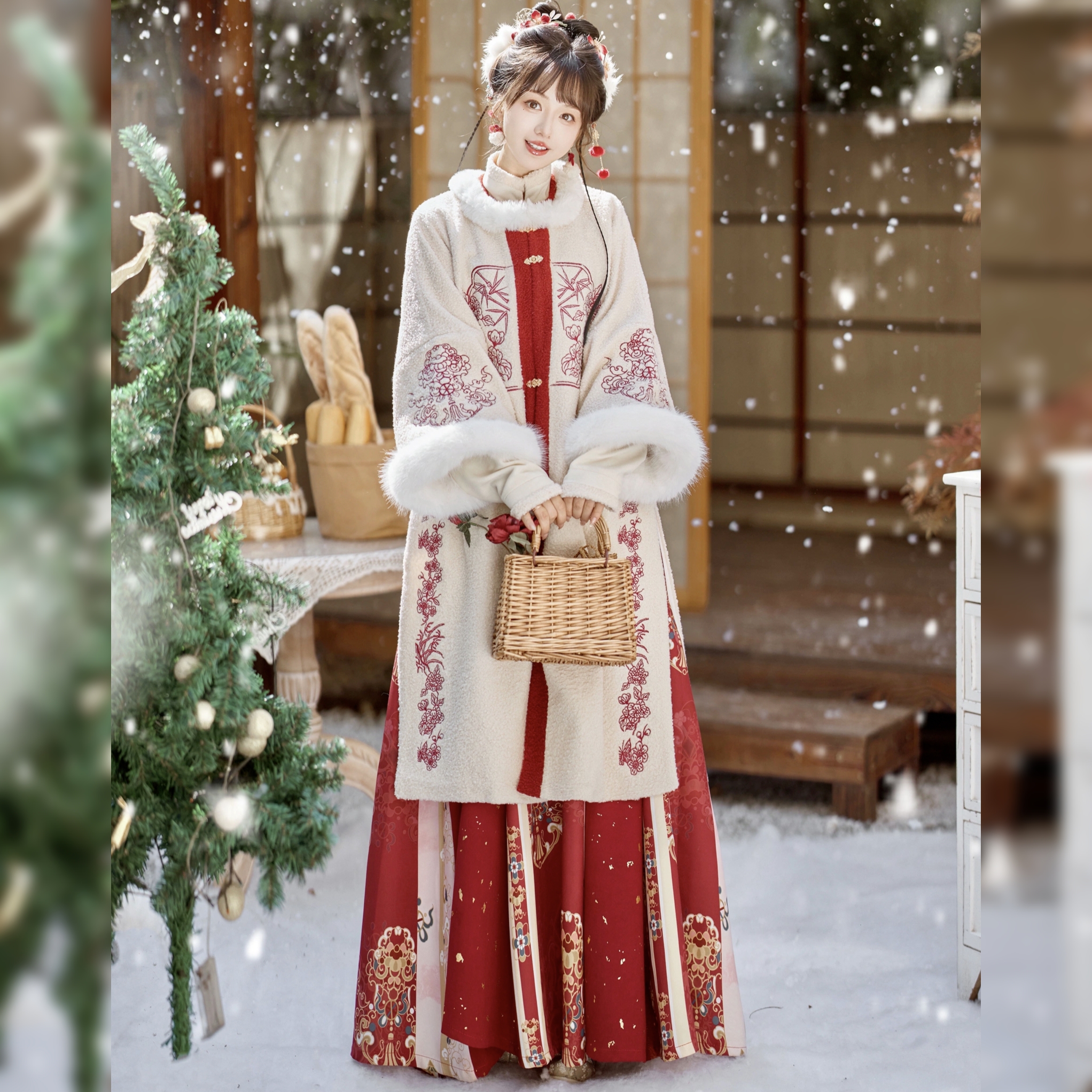 原创汉服女【烛窗花】明制对襟加绒长袄外套红色拜年服套装冬季款 - 图0