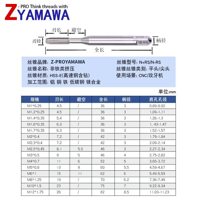 Z-PRO YAMAWA进口无屑铝用挤压丝锥 m1m1.4m3m4雅马哇细牙挤牙丝