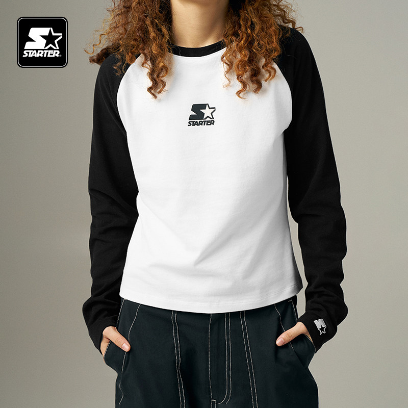 STARTER长袖T恤秋季纯棉黑白插肩修身显瘦休闲男女同款百搭上衣,淘宝优惠券,粉丝福利购,淘宝优惠卷