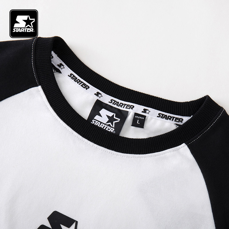 STARTER长袖T恤秋季纯棉黑白插肩修身显瘦休闲男女同款百搭上衣,淘宝优惠券,粉丝福利购,淘宝优惠卷