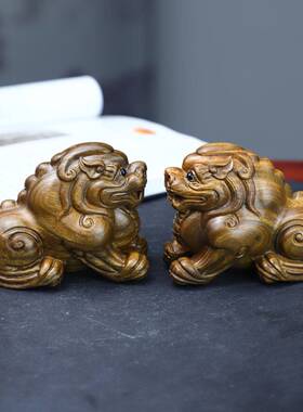 绿檀木雕貔貅手把件 瑞兽来财貔貅实木工艺礼品一对开业贺礼摆件