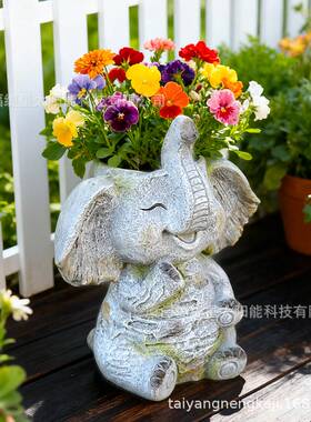 跨境庭院大象花盆摆件做旧阳台花园氧化镁工艺品装饰大象花盆摆件