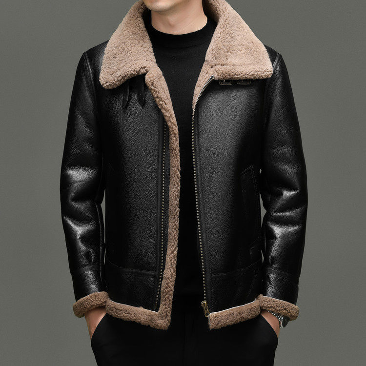 真皮皮毛一体男装冬季新款短款翻领飞行夹克加厚绵羊皮机车外套,淘宝优惠券,粉丝福利购,淘宝优惠卷