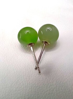 和田玉碧玉耳钉，碧玉圆珠耳钉，s925银镶嵌，6mm