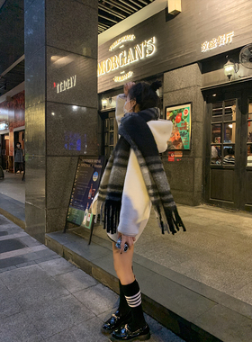 韩版围巾女冬季保暖拼色格子围脖