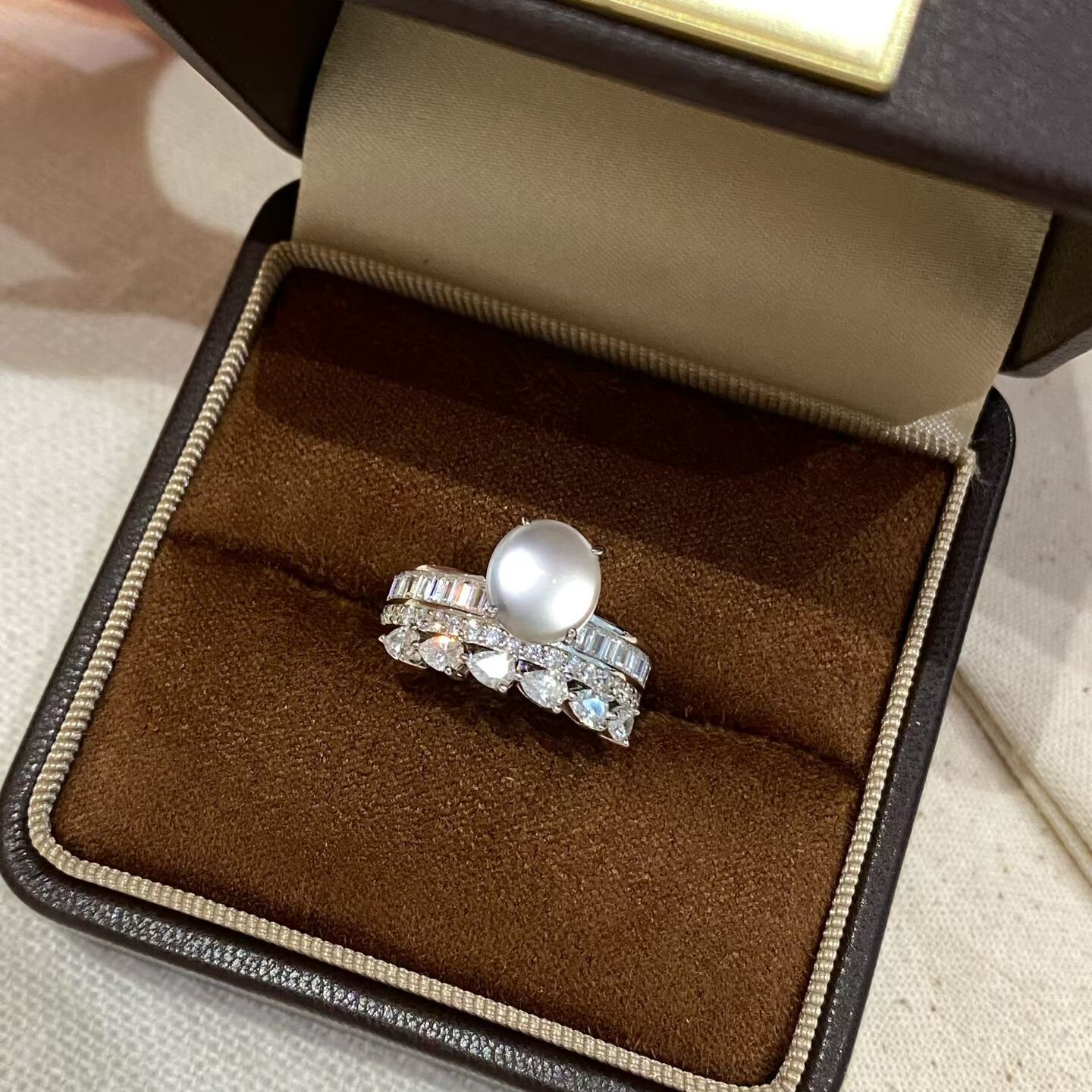 Russian jade three-row diamond ring 925 silver gold-plated