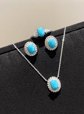 四爪三石绿松石蛋面半圈戒指女