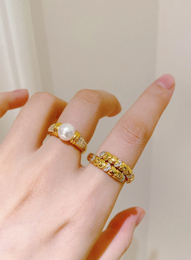 中古风镶钻珍珠戒指女925纯银