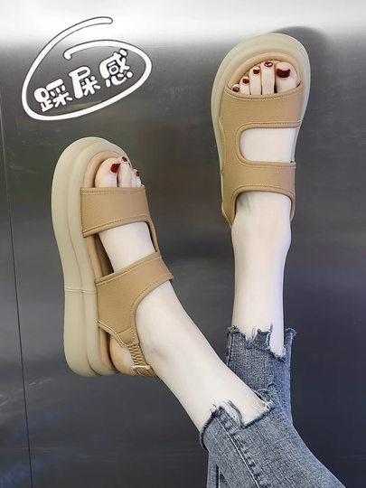 品牌踩屎感真皮厚底凉鞋女2025新款夏季百搭防滑平底罗马沙滩鞋