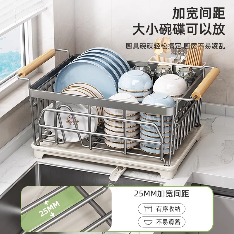 枪灰碗碟收纳架厨房置物架304不锈钢沥水篮放碗盘沥水架碗筷收纳 - 图0