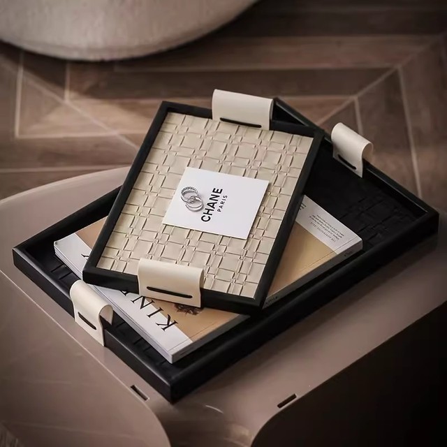 Light luxury leather jewelry entrance storage plate high-end black leather aromatherapy tray French jewelry ornaments