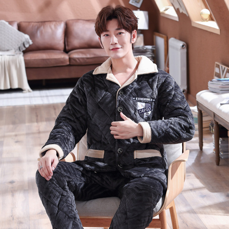 男士冬季秋冬款珊瑚绒加绒夹棉睡衣 群群优品睡衣/家居服套装