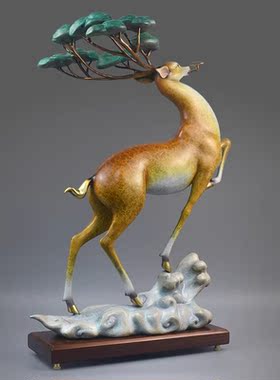 纯铜一鹿高升招财中式客厅摆件