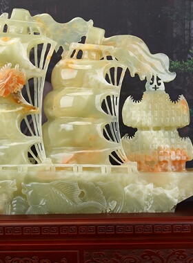 天然玉石雕刻一帆风顺帆船摆件