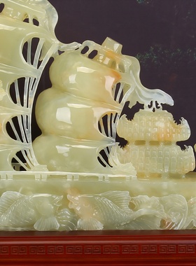 天然玉石雕刻一帆风顺帆船摆件