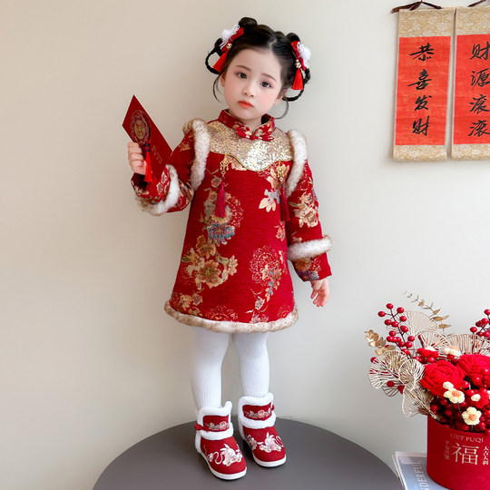 汉服女童拜年服冬装国风唐装女宝宝新年旗袍裙子加厚儿童过年衣服