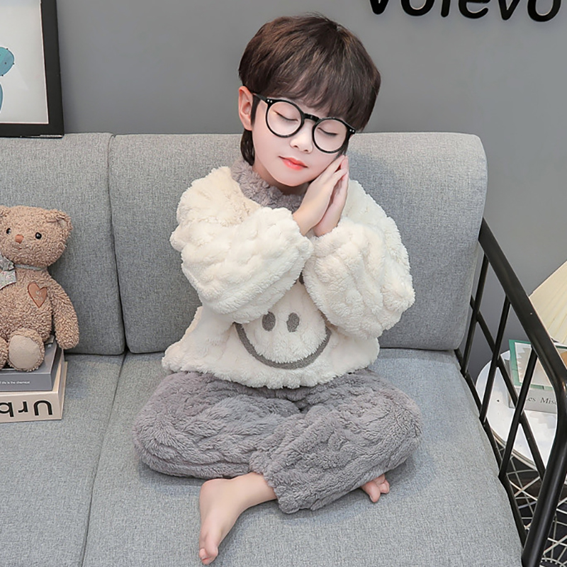 儿童秋冬睡衣珊瑚绒男童加厚保暖家居服分体套装男孩休闲法兰绒冬 - 图0