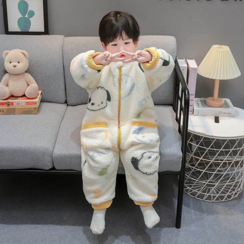 儿童加厚连体睡衣冬季男童保暖防踢珊瑚绒睡袋家居服男宝宝爬爬服 - 图1