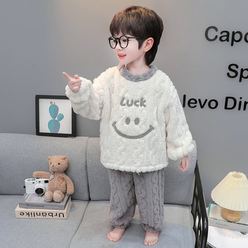 儿童秋冬睡衣珊瑚绒男童加厚保暖家居服分体套装男孩休闲法兰绒冬 - 图1