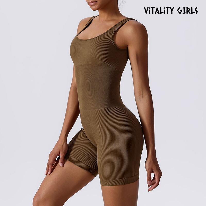 Vitality Girls欧美收腹运动连体衣含胸垫螺纹紧身瑜伽服健身训练 - 图1