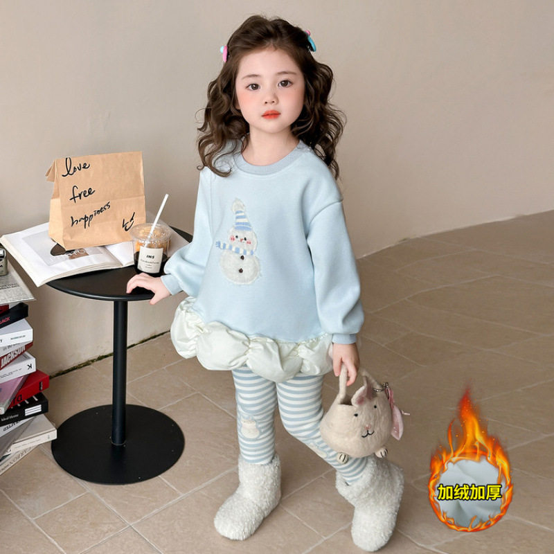 儿童加绒套装2025秋冬新款女童加绒雪人卫衣条纹打底裤可爱两件套,淘宝优惠券,粉丝福利购,淘宝优惠卷